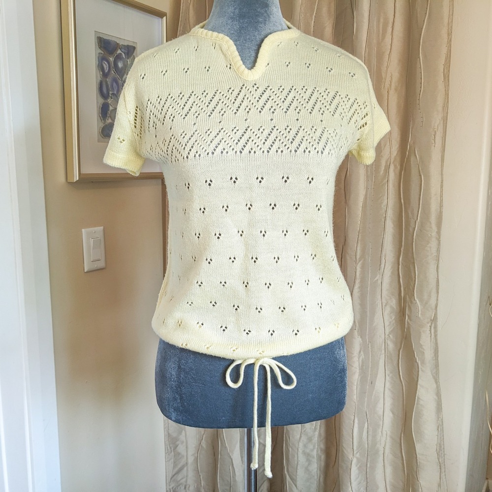 Vintage 80s Open‎ Pointelle Knit Sweater Top XS Sheer Short Sleeve Openwork